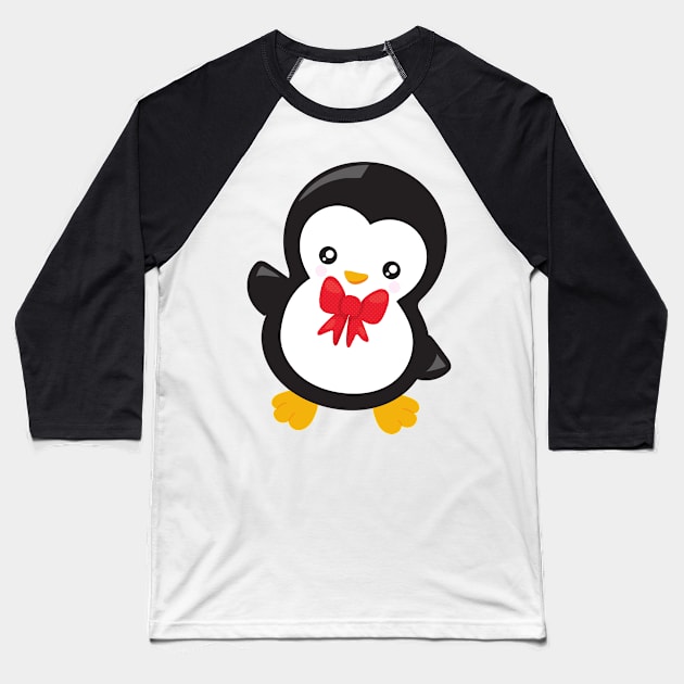 Christmas Penguin, Penguin With Bow Tie, Xmas Baseball T-Shirt by Jelena Dunčević